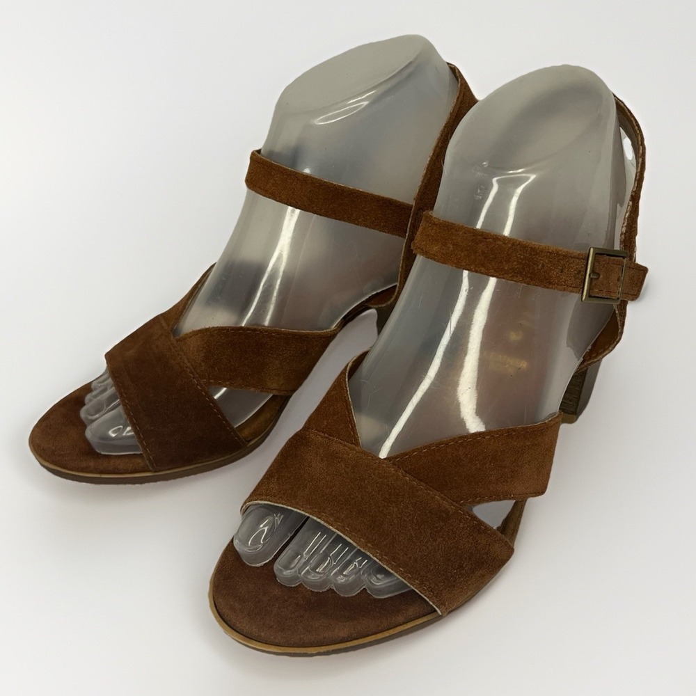 Mariella Brown Suede Block Heel Sandals 7.5M Made‎ in Italy Leather Strap